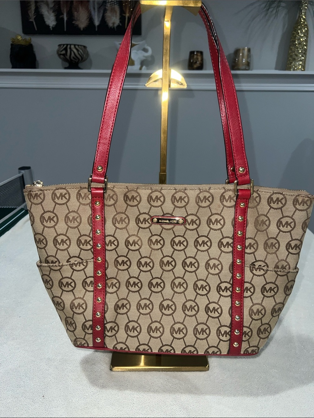Michael Kors Beige Logo Tote with Red Trim